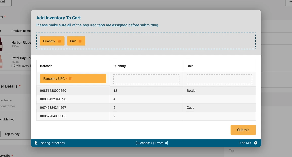 CSV order upload: the column mapping screen