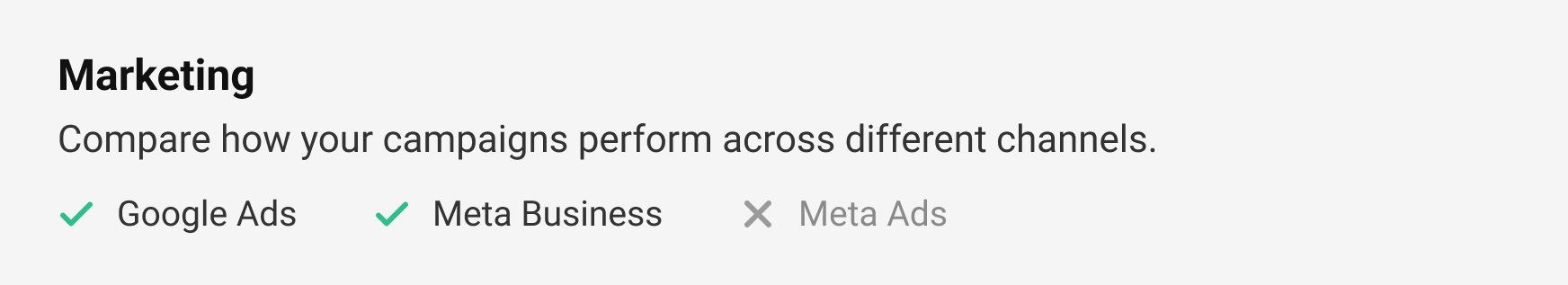 Marketing section header with connected and not-connected data sources